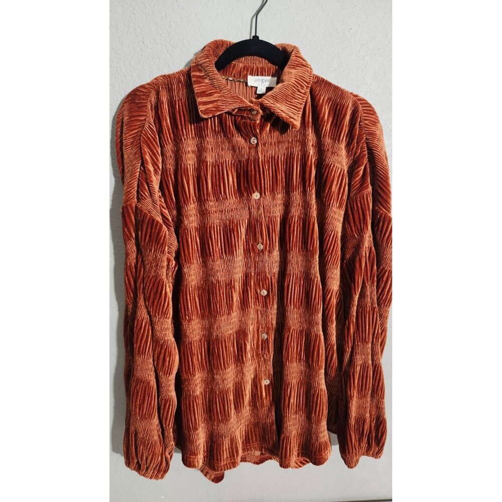 Umgee Shirt Womens Small Orange Rust Textured Crinkle Button Up Long Sleeve Top